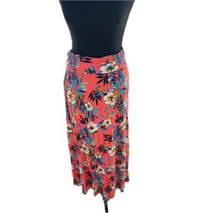 LOVEAPPELLA Deanne Knit Maxi Skirt Coral Tropical Floral Print Size XL